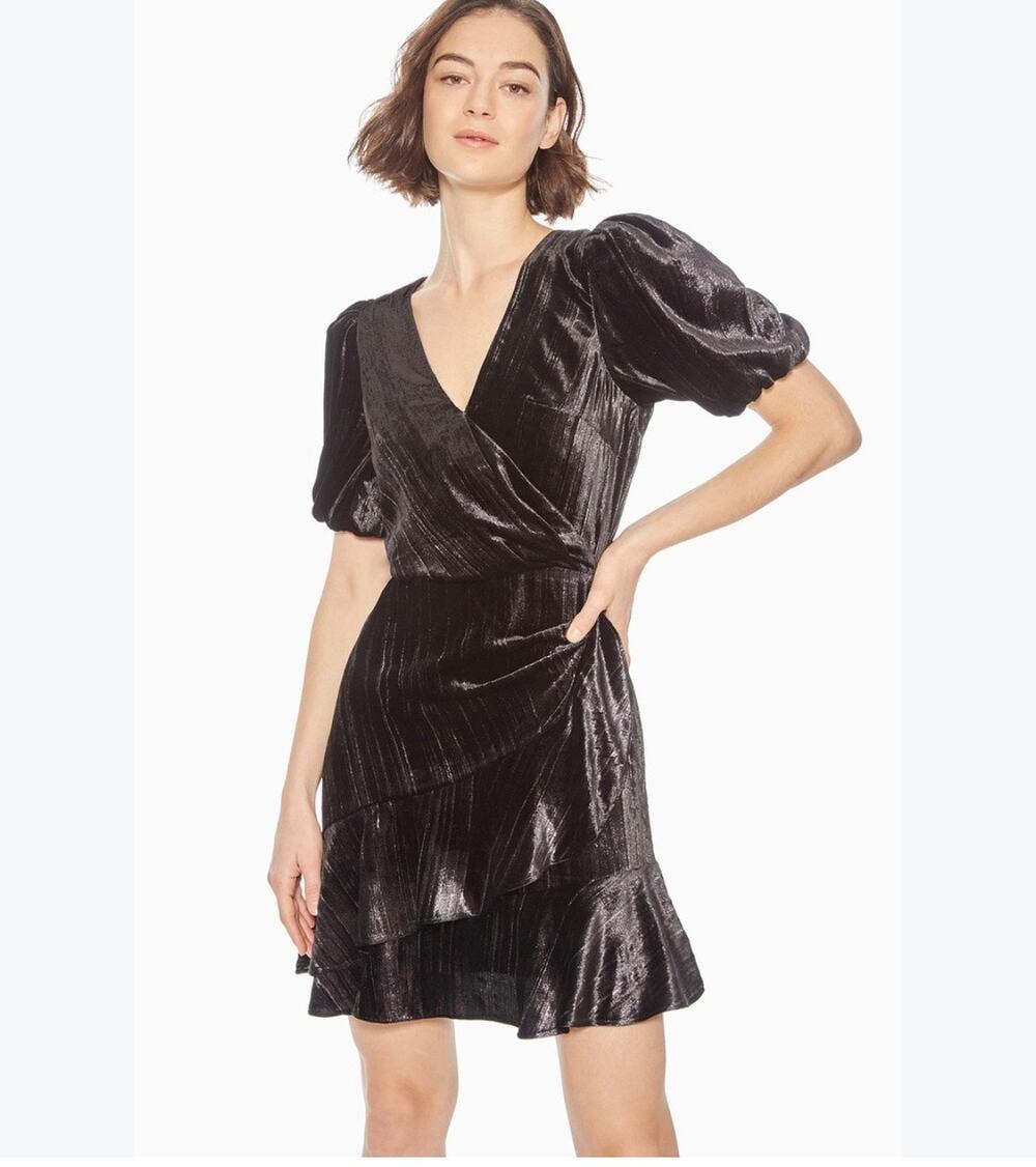 Parker Black Imperial Foil Wrap Tie Velvet Mini Dress Size 4 NWT